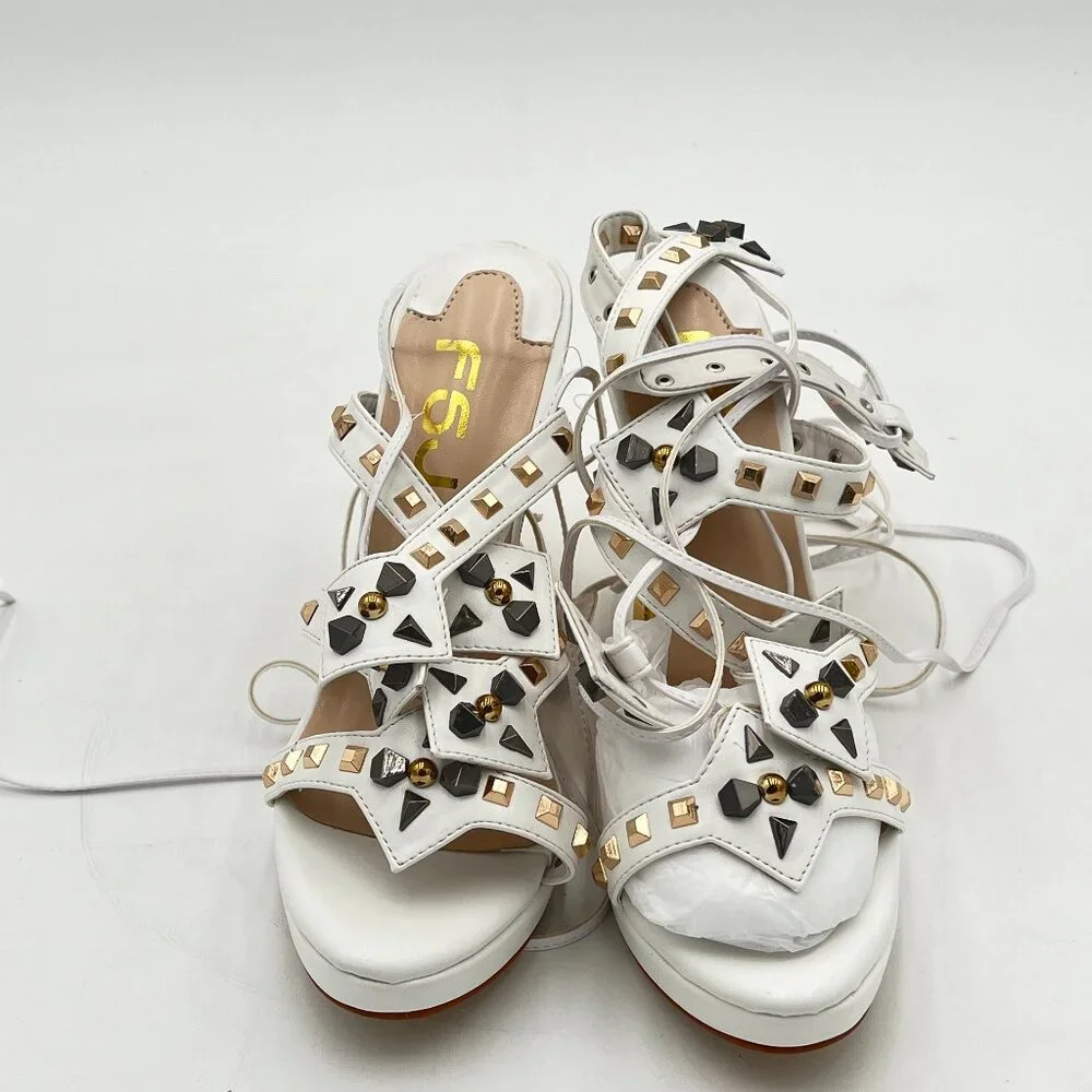 FSJ Ivory Gold Metal Chain Thick High Heel Open Toe Strappy Ankle Buckle Sandals - Picture 3 of 8